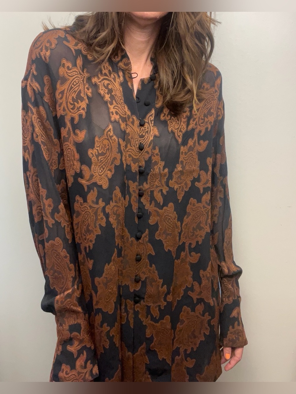 Vintage 90s Anne Klein Long-sleeve Paisley Tunic Blouse –Black & Bronze – Size L